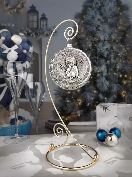 Set of 3 silver Christmas balls "Angel, Bells and a Happy childhood"